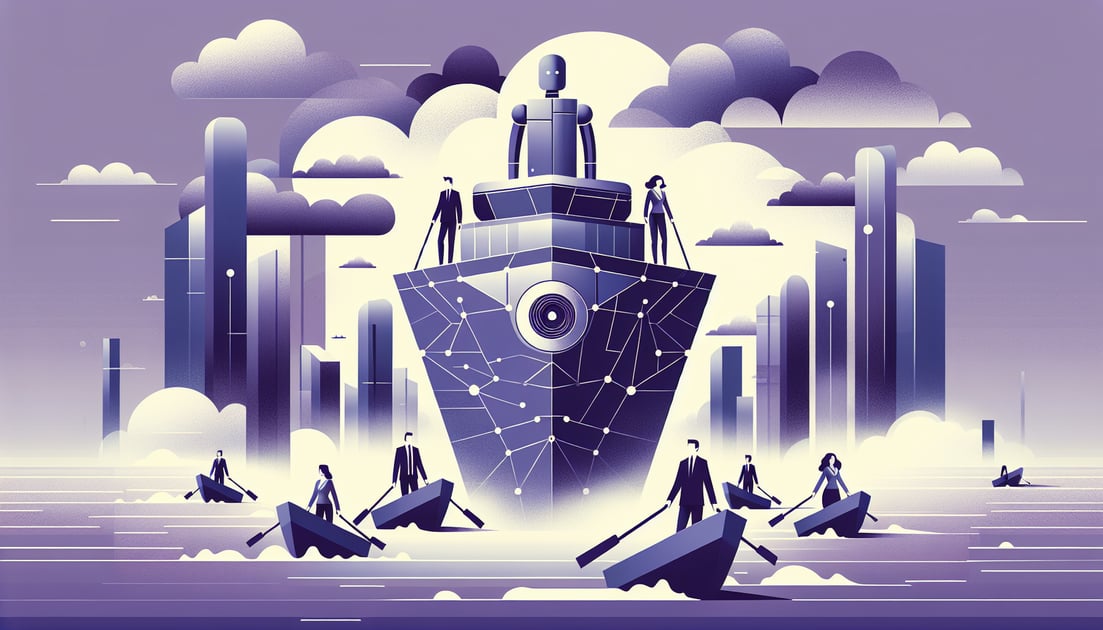 Silicon Valley venture capitalists navigate a futuristic AI ship through foggy, uncharted waters symbolizing innovation, exploration, and uncertainty.