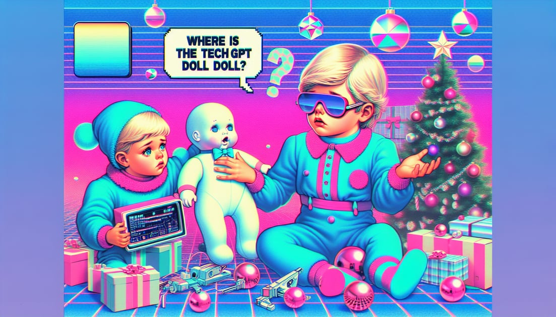A child looking disappointed holding a Barbie doll, speech bubble reads "Where is ChatGPT Barbie?", surrounded by Christmas decorations.