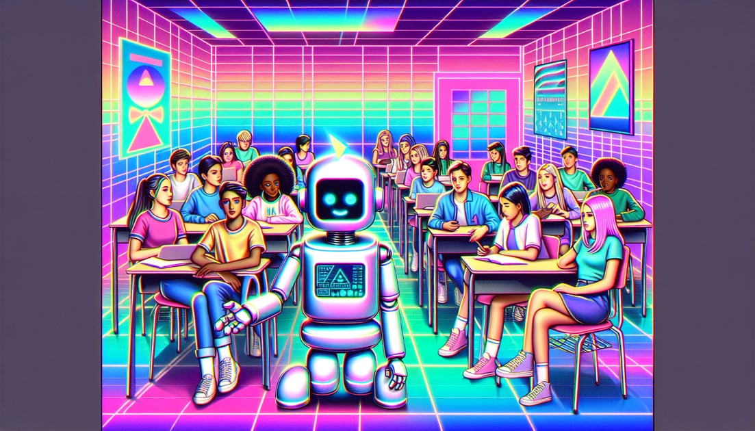 A robot resembling ChatGPT assists diverse teens with technology in a classroom, emphasizing safety and engagement.