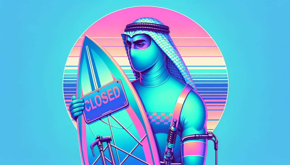 Frustrated anthropic figure holding closed windsurfing board, potential visual theme for illustration.