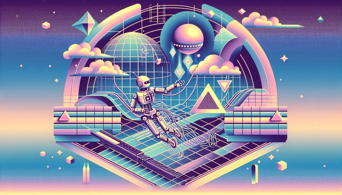 Futuristic AI robot on safety net speaking gay slurs, depicting technology striving for safety but still producing harm.