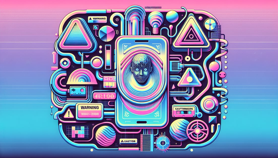 Illustration of caution signs around AI smartphone, highlighting the need to safeguard personal data online.