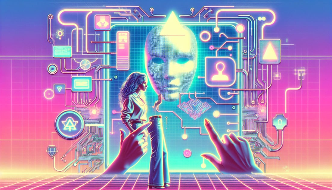 Illustration of futuristic woman with glowing circuitry symbols, in front of digital screen showing $2 billion fundraising total for Thinking Machines.
